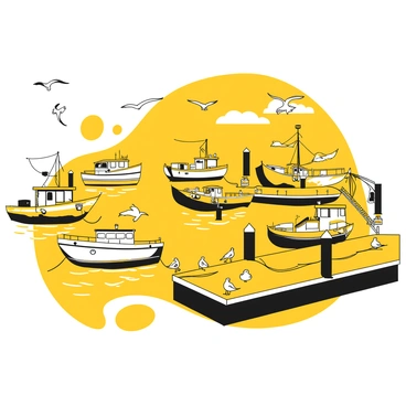 A bustling harbor scene with multiple boats of different sizes docked. Some boats are fishing vessels, while others are leisure crafts, each displaying unique details. A few boats are tied to the docks, while others are gently bobbing in the water. Seagulls are flying overhead, their wings spread wide, and some are perched on the edges of the boats and docks. The water reflects the shapes and movements of the boats, creating a dynamic atmosphere filled with activity.