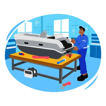 A mechanic wearing a blue jumpsuit and a black cap is focused on the engine of a large power boat in a well-lit workshop. The power boat is elevated on a sturdy wooden platform, revealing its detailed engine with various pipes and components. Tools, including wrenches and screwdrivers, are scattered around the mechanic on a metal workbench. The walls of the workshop are lined with shelves filled with spare parts and equipment, adding to the busy atmosphere. Sunlight streams through a large window, illuminating dust particles in the air.