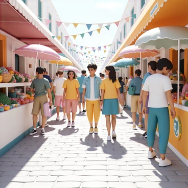 A bustling market street with pedestrians in casual new balance footwear