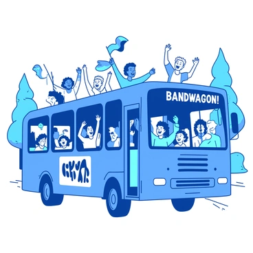 A blue bus labeled "Bandwagon" is filled with excited passengers, all cheering enthusiastically. The bus windows are rolled down, and some of the passengers are waving colorful flags. Inside, people of various ages are standing and sitting, smiling and clapping their hands. The bus is driving along a road lined with trees, adding a sense of movement to the scene. Additionally, some passengers are leaning out of the windows, their expressions full of joy and excitement as they enjoy the moment.