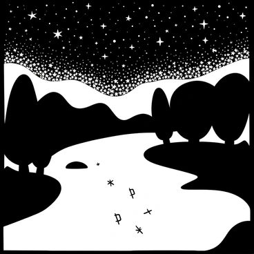 A river flowing smoothly through the landscape, its surface glistening as it reflects a sky filled with numerous stars. The stars are scattered across the expanse of the night sky, creating a dazzling display. The banks of the river are lined with silhouettes of trees, their outlines defined against the starry backdrop. A gentle breeze causes ripples on the water, distorting the starry reflections slightly. In the distance, hills rise gently, adding depth to the scene.
