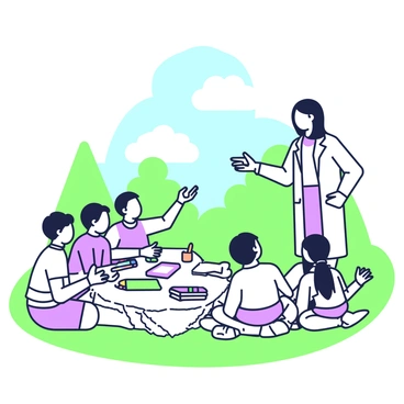 A group of children is sitting on the grass in an outdoor setting, engaging attentively with their teacher. The teacher, depicted as a woman with shoulder-length hair, stands in front of them and gestures as she explains a concept. The children are a mix of boys and girls, some are taking notes on small pads while others are looking up at the teacher. A simple picnic blanket is spread out with minimal supplies like a few colorful crayons and a couple of small books. In the background, there are a few trees, providing some shade, and a clear blue sky above.