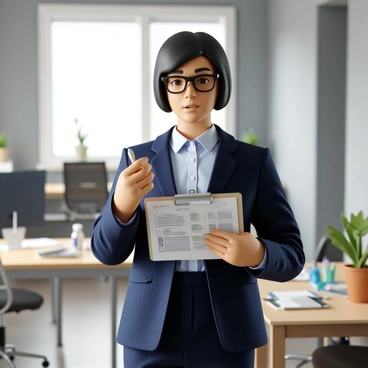An inspector with light skin and short hair is wearing glasses and dressed in a formal navy-blue suit. She holds a clipboard in one hand, and a pen in the other, diligently reviewing the documents. The clipboard is filled with printed forms and checklists related to compliance standards. The setting is a modern office with gray walls and a wooden desk in the background. A computer and various office supplies are neatly arranged on the desk. The inspector's expression is focused, showing her dedication to ensuring compliance.