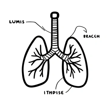 A detailed illustration of the human respiratory system, featuring two distinct lungs with visible lobes, the trachea connecting the lungs, and branching bronchi extending from the trachea into the lungs. The lungs are depicted with texture to indicate the alveoli, and the trachea is shown with rings of cartilage along its length. The bronchi are illustrated as branching tubes leading into the lungs, emphasizing their complexity. Labels for each part, including "lungs," "trachea," and "bronchi," are integrated into the design.