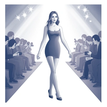 A fashion model standing confidently at the end of a runway. The model has an elegant posture, with one hand placed on her hip and the other raised slightly as if gesturing. She is wearing a chic, form-fitting outfit that highlights her figure. The runway is surrounded by an audience, with cameras capturing the moment. Bright lights shine down from above, illuminating the model as she showcases her look. The atmosphere conveys a sense of excitement and anticipation.