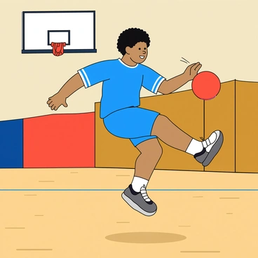 A young player with medium skin and curly black hair is wearing a bright blue jersey and matching shorts. They are in mid-air, executing a wide leap to skillfully dodge a red dodgeball that is flying towards them. The player's feet are extended, and their arms are spread for balance. The dodgeball has a motion blur indicating its speed. The background features a gymnasium with wooden floors and colorful walls, emphasizing the action taking place.