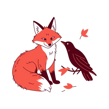 A red fox with a sly expression and a mischievous grin is sitting on the ground, looking up at a black crow perched on a nearby branch. The fox's fur is vibrant and bushy, while its eyes sparkle with curiosity. The crow has glossy feathers and is tilting its head slightly, observing the fox. The background features a few scattered autumn leaves, adding to the playful atmosphere of the scene.