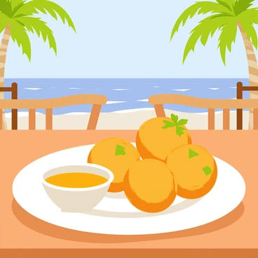 A white plate filled with golden-brown conch fritters is presented on a wooden table. The conch fritters are round and slightly crispy, garnished with fresh chopped parsley. Beside the fritters, a small bowl of bright orange dipping sauce is placed. In the background, the gentle waves of the sea can be seen, along with a clear blue sky. The restaurant setting includes a few wooden chairs and palm trees swaying lightly in the breeze.