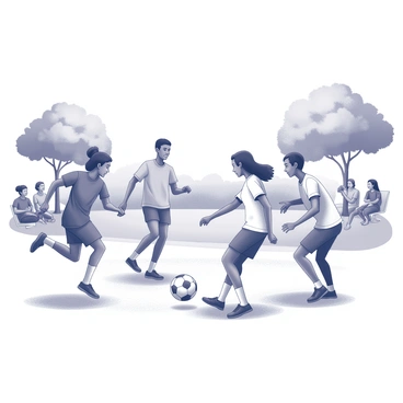 A diverse group of friends engaged in a casual soccer game in a park. There are four players, each representing different cultures, showcasing a variety of clothing styles and athletic gear. One player is dribbling a soccer ball with determination while another is poised to intercept. In the background, there are trees providing shade and a grassy field where the game is taking place. Spectators, also from various backgrounds, are sitting on the sidelines, enjoying the game and cheering. The scene captures a sense of camaraderie and joy among the players.