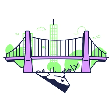 A modern cityscape features a large, sturdy bridge that spans a visible fault line. The bridge is designed with sleek lines and a series of arches, creating a striking silhouette against the skyline. On either side of the bridge, tall buildings with glass facades reflect the sunlight. Below the bridge, the fault line is marked by a noticeable crack in the ground, with some debris scattered around it. In the background, a few trees and smaller structures can be seen, adding depth to the urban environment. The sky is clear, allowing for the full visibility of the city.