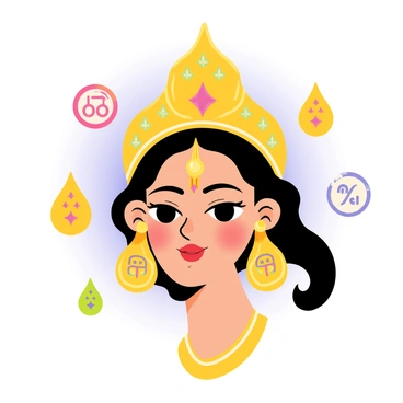 A close-up illustration of "Durga's" face, showcasing her serene expression with intricately detailed features. Surrounding her are "sacred symbols" like "Om" and "Swastika," each symbol rendered with vibrant colors and ornate designs. The background includes a soft halo effect that enhances the spiritual essence of the composition. Each symbol is positioned harmoniously around her, contributing to a cohesive and meaningful depiction.