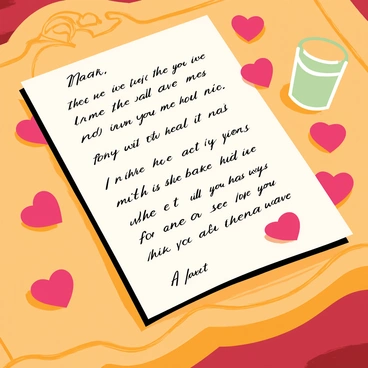 A handwritten love letter placed on an ornate wooden desk. The letter features elegant cursive writing with expressive words conveying deep emotions. Surrounding the letter are vibrant red rose petals scattered across the desk's surface. The desk has intricate carvings and a polished finish, reflecting soft light. A small glass of water is positioned nearby, adding a touch of intimacy to the scene.
