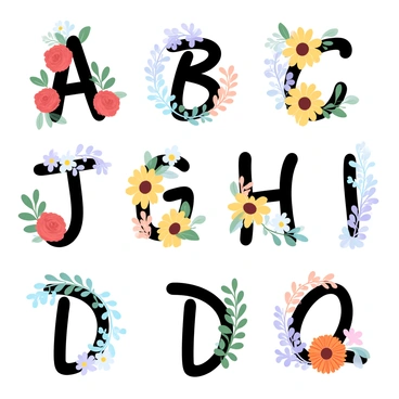 A large letter "A" is covered in blooming red roses and green leaves. The letter "B" is decorated with bright yellow sunflowers and delicate white daisies intertwined with thin vines. The letter "C" features lavender sprigs and small purple blooms, while the letter "D" is adorned with vivid orange marigolds and lush fern leaves. Each subsequent letter showcases unique floral designs, with diverse colors and textures, creating a continuous vibrant floral theme throughout the alphabet. The background is a gentle gradient of soft pastel colors, enhancing the vibrant floral elements of each letter.