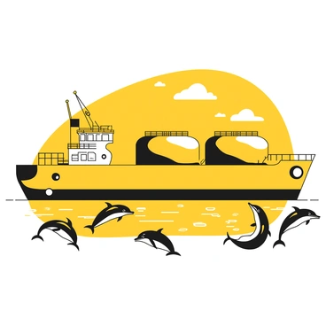 A tank barge is floating steadily on the surface of clear waters. The barge has large, cylindrical tanks and is equipped with various safety features. Beside the barge, several dolphins are leaping joyfully out of the water, showcasing their sleek bodies. The dolphins exhibit playful behavior, swimming in synchronized patterns and splashing around. The sunlight reflects off the surface of the water, enhancing the scene's liveliness. The barge and dolphins create a harmonious interaction in this vibrant marine environment.