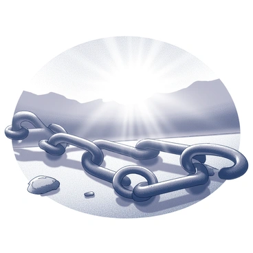 A broken chain lies on a ground surface, with distinct links scattered unevenly. The chain is rusted, revealing its age and wear. In the background, a bright sunrise illuminates the scene, with rays of light breaking through a clear horizon. The sunlight casts shadows on the ground, enhancing the texture of the surface where the chain rests. The sky transitions gradually from dark to light as the sun ascends, creating a contrast with the rugged, metallic chain.