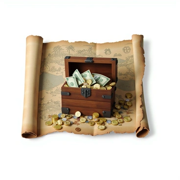 A weathered pirate-style treasure map with intricate markings and faded colors. The map features a coastline with rocky cliffs, palm trees, and an 'X' marking the spot of the treasure. Worn edges and slight tears suggest it has been used extensively. In the center of the map, there is a large wooden treasure chest overflowing with stacks of cash, gold coins, and glittering jewels spilling out. The chest is intricately designed, with ornate carvings and metal accents. Surrounding the chest are scattered coins and various pieces of jewelry, creating a scene of abundant treasure.