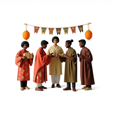 A group of five individuals from diverse backgrounds is gathered together in a colorful environment. Each person is dressed in traditional attire representative of their culture. One person, wearing a bright red kimono with intricate floral patterns, presents a beautifully wrapped gift to another person, who is in a patterned African dashiki. Nearby, a woman in a handwoven poncho exchanges a small token with a man wearing a kurta. The scene is lively, with decorations such as lanterns and banners surrounding them, showcasing various cultural symbols and patterns. The expressions on their faces convey joy and appreciation as they share their unique traditions and gifts.