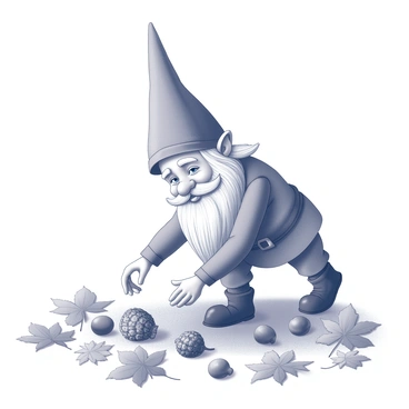 A gnome with a vintage appearance, characterized by a long, pointed hat and a bushy white beard, is bending down to collect acorns. The gnome's outfit consists of a tunic and trousers, both detailed with small patterns. Surrounding the gnome are numerous fallen autumn leaves in various shapes, creating a carpet of texture beneath. Some acorns lie scattered around him, while others are being picked up. The scene is enriched by the gnome's whimsical expression of concentration as he engages in his task among the foliage.