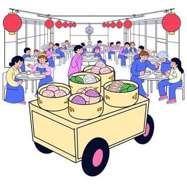 A traditional dim sum cart made of light wood with decorative carvings. The cart is filled with several steaming bamboo baskets, each containing various types of dumplings, such as shrimp dumplings, pork buns, and vegetable dumplings. The dining hall is bustling with activity, featuring round tables where diners are seated, enjoying their meals. The atmosphere is lively, with waitstaff moving between the tables and customers chatting. Bright red lanterns hang from the ceiling, contributing to the warm ambiance.