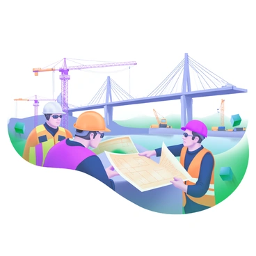 A group of engineers is gathered near a large suspension bridge under construction over a river. They are dressed in safety helmets and reflective vests, examining blueprints and discussing plans. The bridge towers rise majestically in the background, with suspension cables being attached. Surrounding the site are cranes and construction equipment, and a river flows peacefully beneath the structure. The scene is filled with energy and focus as the engineers collaborate closely on the project.