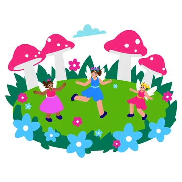 A group of small fairies with delicate wings is joyfully jumping rope in an enchanted forest filled with giant mushrooms. The mushrooms have vibrant colors, with red caps spotted with white dots and tall, slender stems. Surrounding the fairies are glowing flowers in various shades of blue and pink, their petals radiating soft light. The fairies are wearing colorful dresses that flutter as they move, and their hair is adorned with tiny blossoms. The scene is lively, with a sense of magic and wonder in the air.