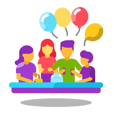 A child celebrating a birthday with friends at an arcade, playing games and laughing, with colorful balloons floating around them.