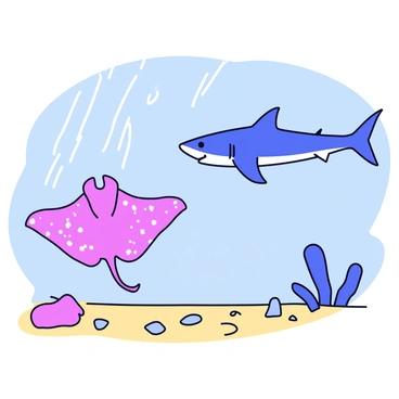 A stingray with a flat, smooth body glides gracefully over the sandy ocean floor. Its wings spread wide show intricate patterns. Nearby, a shark with a streamlined body swims, its dorsal fin breaking the surface of the water. The shark displays sharp teeth and has a sleek, powerful appearance. Sunlight filters down through the water, casting shimmering patterns on both creatures as they cross paths. Surrounding them are scattered pebbles and small coral formations, adding texture to the underwater scene.