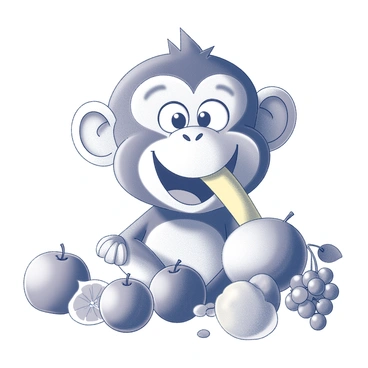 A monkey face with a wide, joyful expression, featuring large, round eyes and a small, flat nose. The mouth is slightly open, revealing a banana being happily munched. Surrounding the monkey are various fruits, including apples, oranges, and grapes, arranged in a playful manner. The scene captures the essence of a vibrant and lively atmosphere with the monkey at the center, engaging with the fruits nearby.