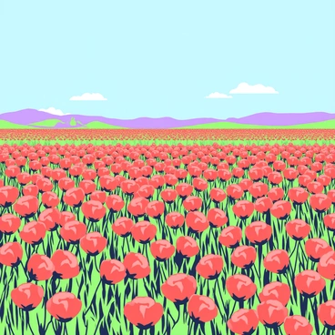 A vast field filled with red poppies extends to the horizon. The flowers are densely clustered together, creating a vibrant and eye-catching landscape. In the background, the horizon line meets a clear blue sky, free of clouds. The gentle breeze causes the poppies to sway slightly, adding a sense of movement to the scene. A few distant hills can be seen along the horizon, adding depth to the composition. The sunlight casts a warm glow over the field, enhancing the vivid colors of the poppies.