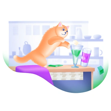 A cat leaping off a table just as a glass teetering on the edge falls.