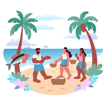 A group of people is standing on a sandy beach, engaged in a trade. One individual is holding a large fish, while another person is displaying intricately woven baskets. The ocean waves are gently lapping against the shore in the background. Palm trees are swaying in the breeze, providing shade to the scene. Colorful tropical flowers are scattered around, adding vibrancy to the beach environment. In the distance, small fishing boats are visible on the water, bobbing gently with the tide. The sky is filled with soft gradient pastel colors, blending together as the day approaches sunset.