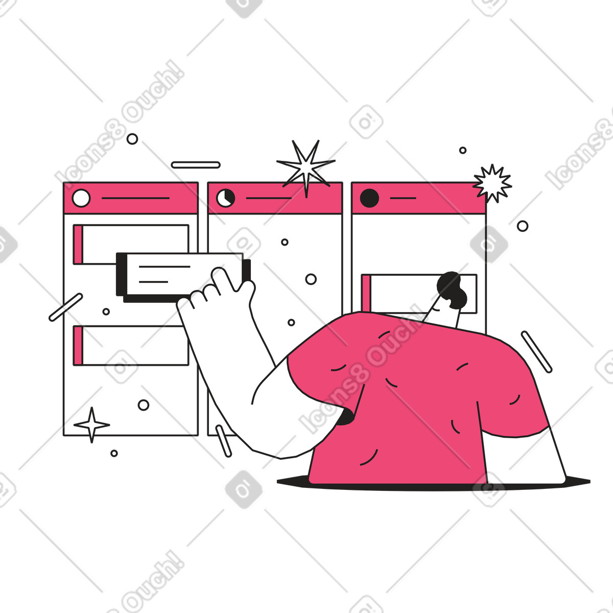 Employee organizing kanban board, Work organization system animated illustration in Dazzle Line style download in GIF, Lottie (JSON), AE