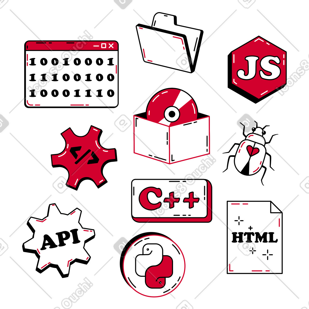 Programming language symbols and tools, Software development sticker set illustration in PNG, SVG