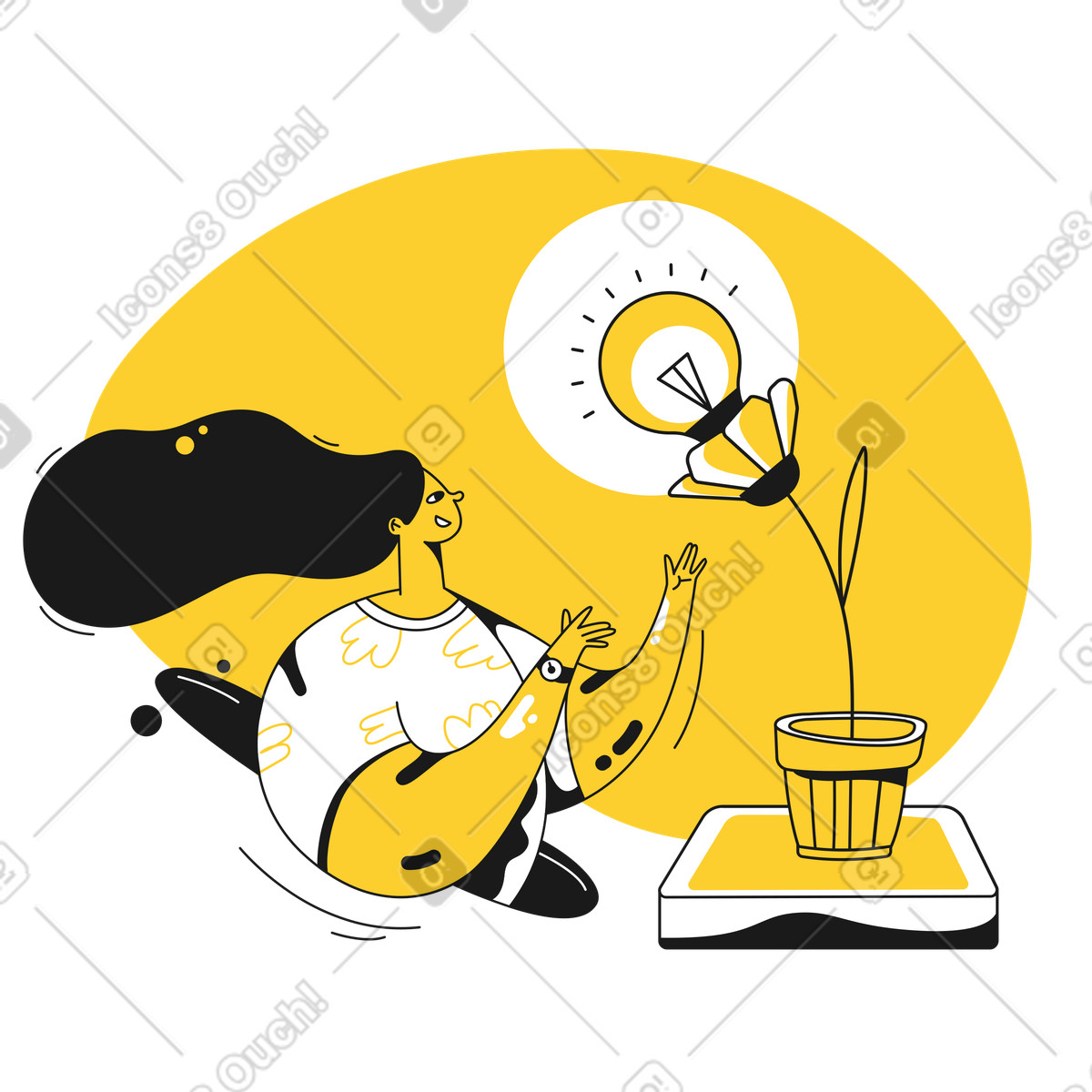 Woman with a green technology plant bulb illustration in Taxi style download in PNG, SVG