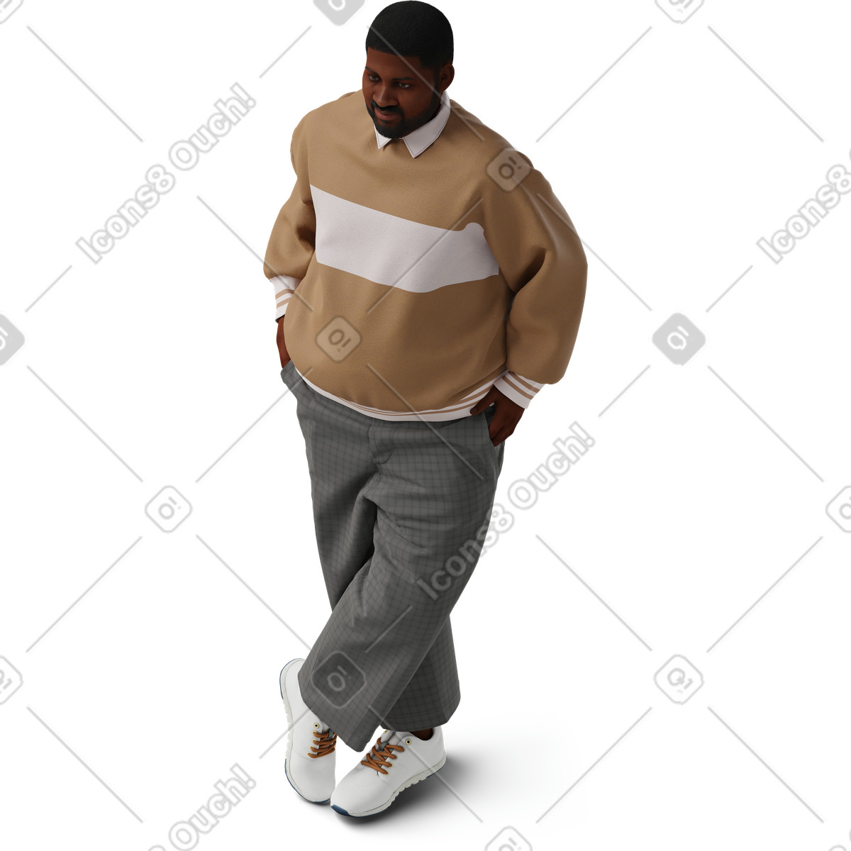下载 3D Hygge 风格的 Isometric view of young man posing with crossed legs and hands in pockets 插画，支持 PNG、SVG 格式