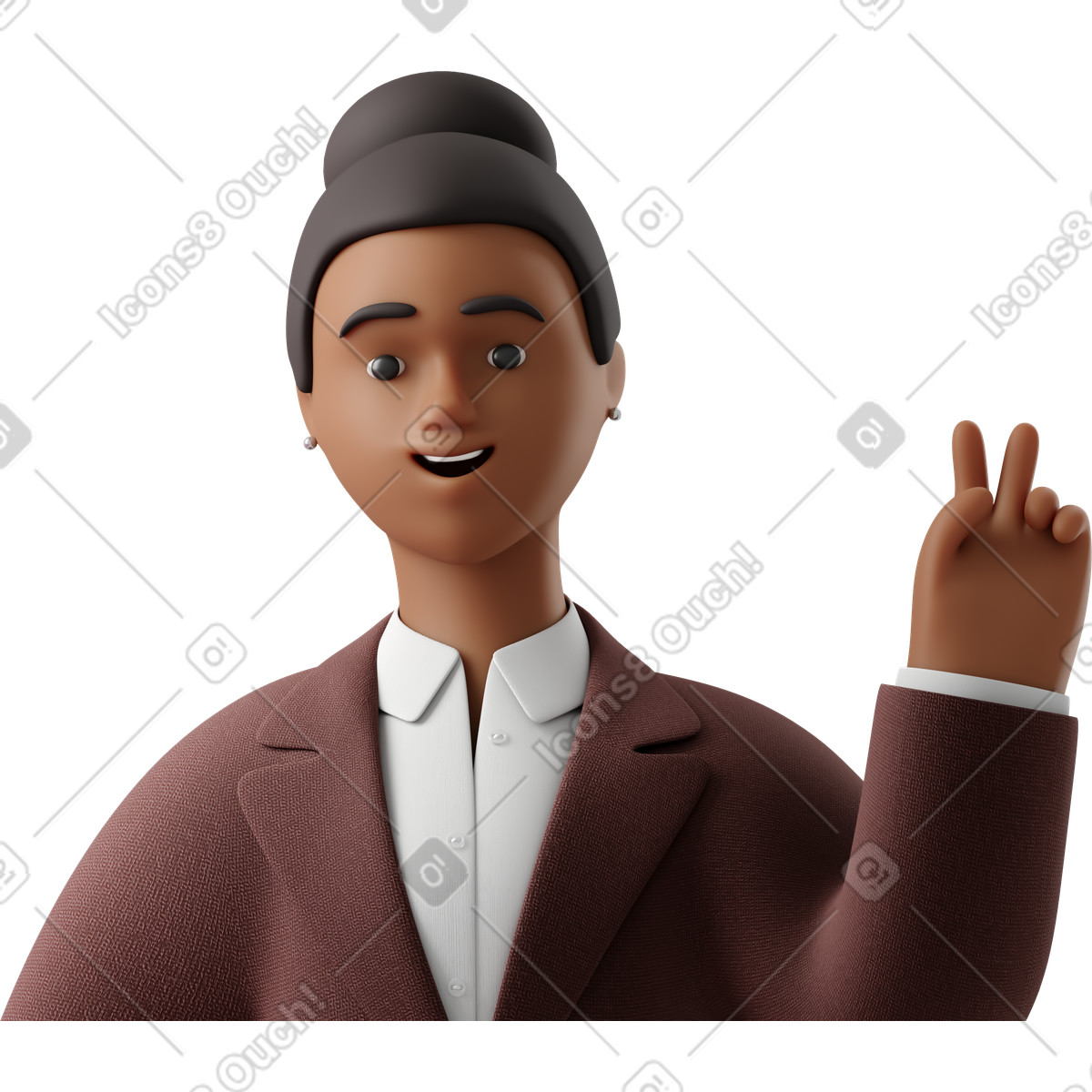 3D Business スタイルの Close up of black businesswoman in brown suit with peace sign hand のイラストをPNG、SVG形式でダウンロード