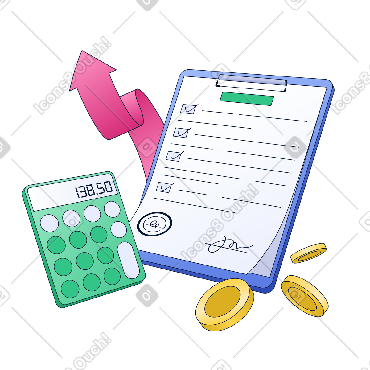 Checklist, calculator, coins, Budget Planning and Financial Approval illustration in PNG, SVG