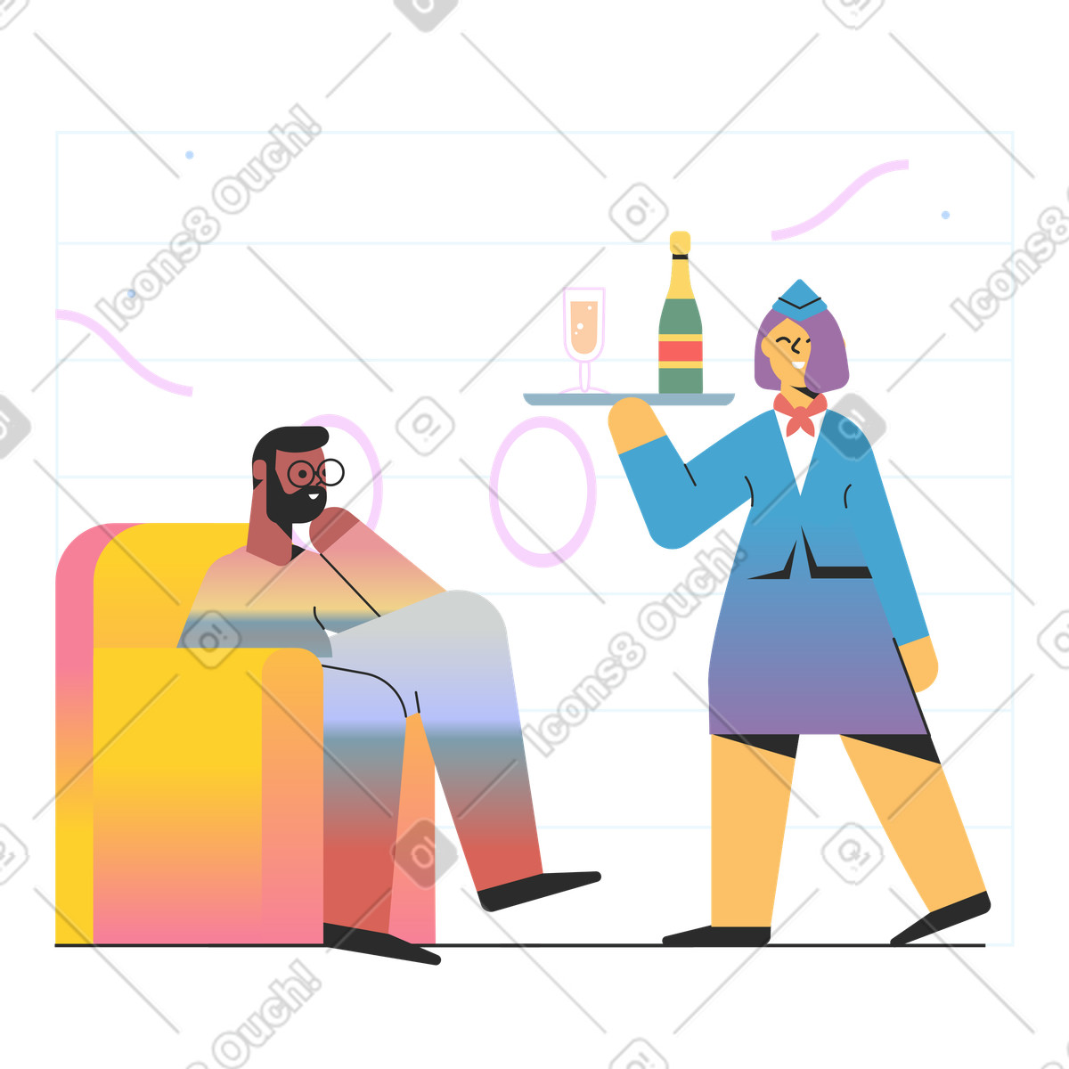 Illustration Une hôtesse de l'air apporte du champagne à un homme en classe affaires dans le style Marginalia télécharger aux formats PNG, SVG