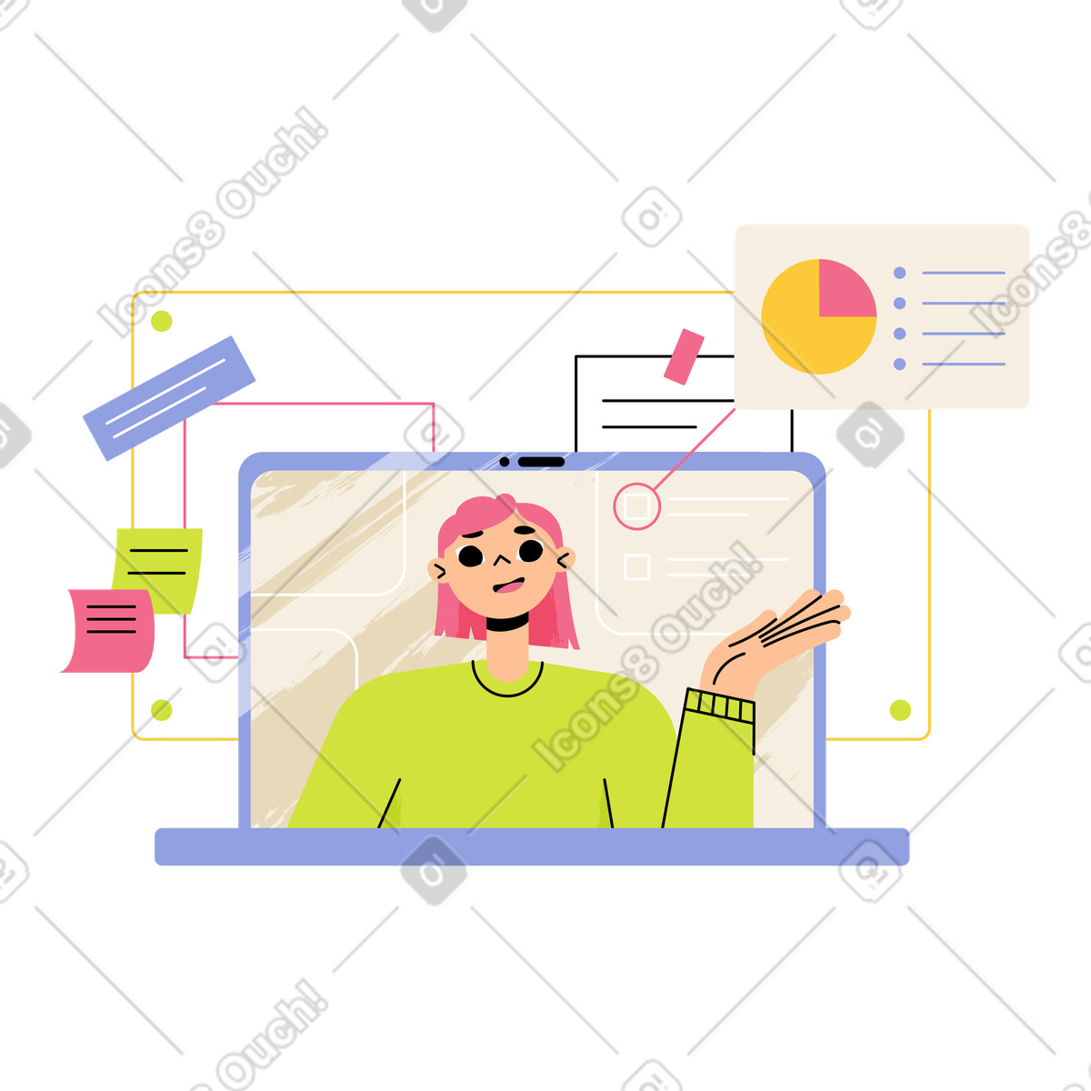 下载 Juicy 风格的 年轻女子用笔记本电脑在线做演讲 插画，支持 PNG、SVG 格式