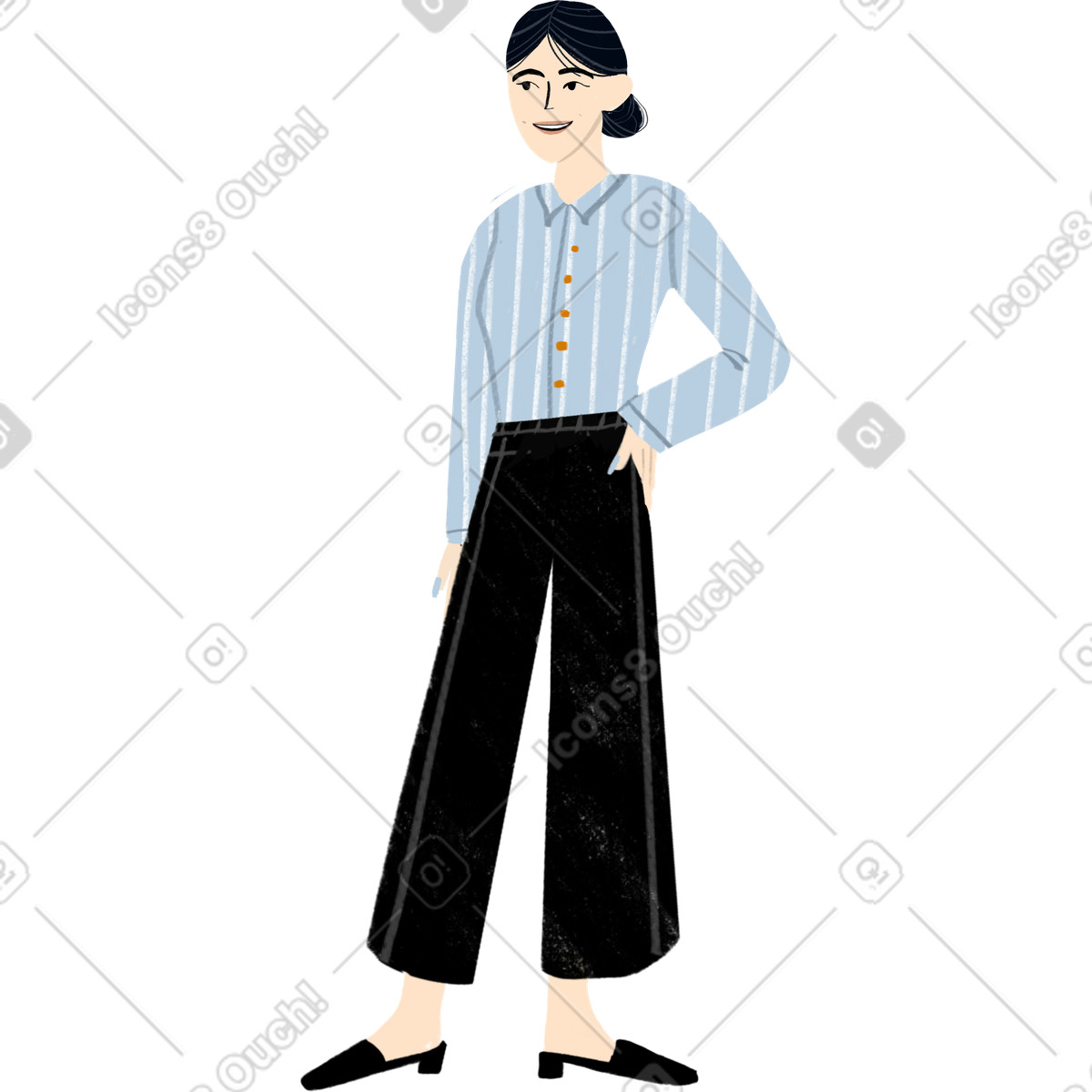 下载 Lumiere 风格的 Woman in an office outfit standing with her hand on hip and smiling 插画，支持 PNG、SVG 格式