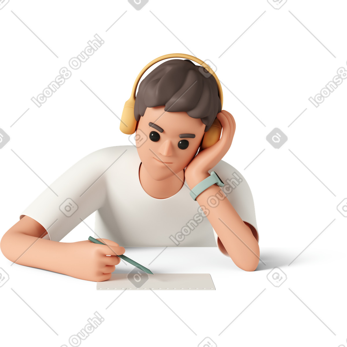 Man in headphones taking notes illustrazione stile 3D Casual life scarica PNG, SVG