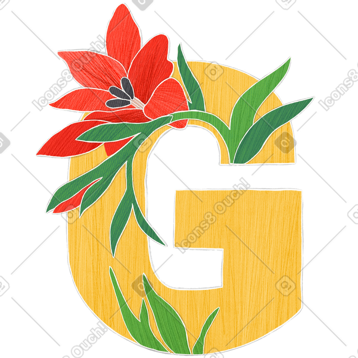 Illustration Yellow letter g with red gladiolus flowers dans le style Crafty à télécharger aux formats PNG, SVG