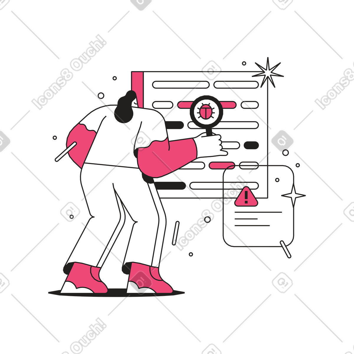 Developer reviewing code with magnifying glass, Debugging and QA process illustrazione in stile Dazzle Line scarica in PNG, SVG