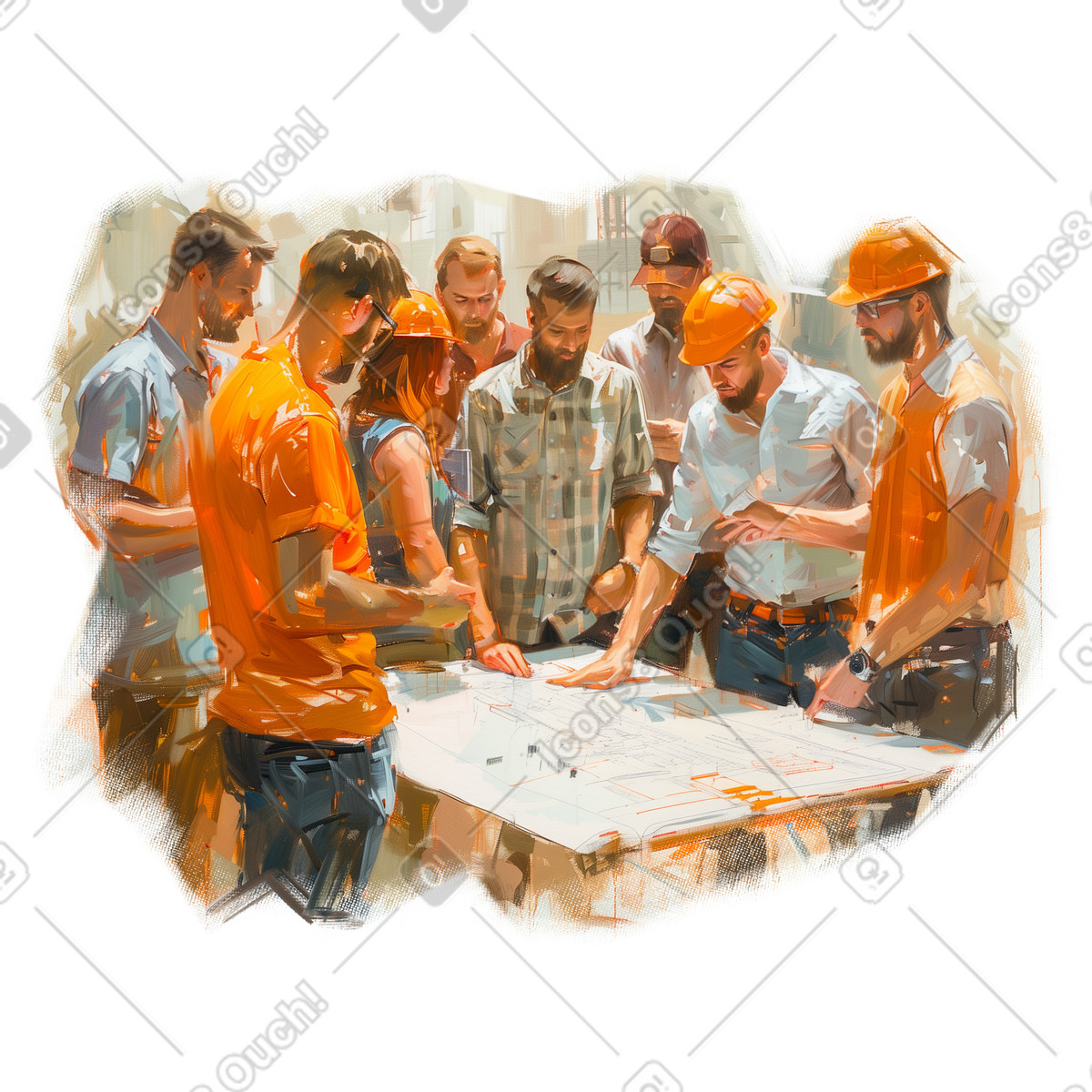 Oil painting of a group engineers discussing project illustration in Pictorial style download in PNG, SVG