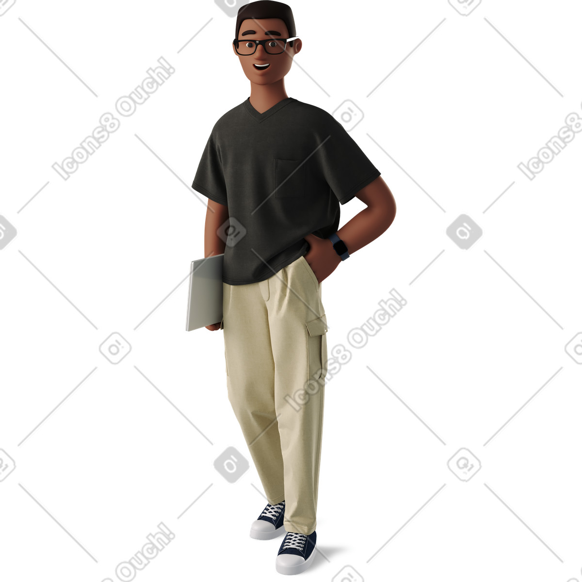 Young man standing with laptop illustration in 3D Business style download in PNG, SVG