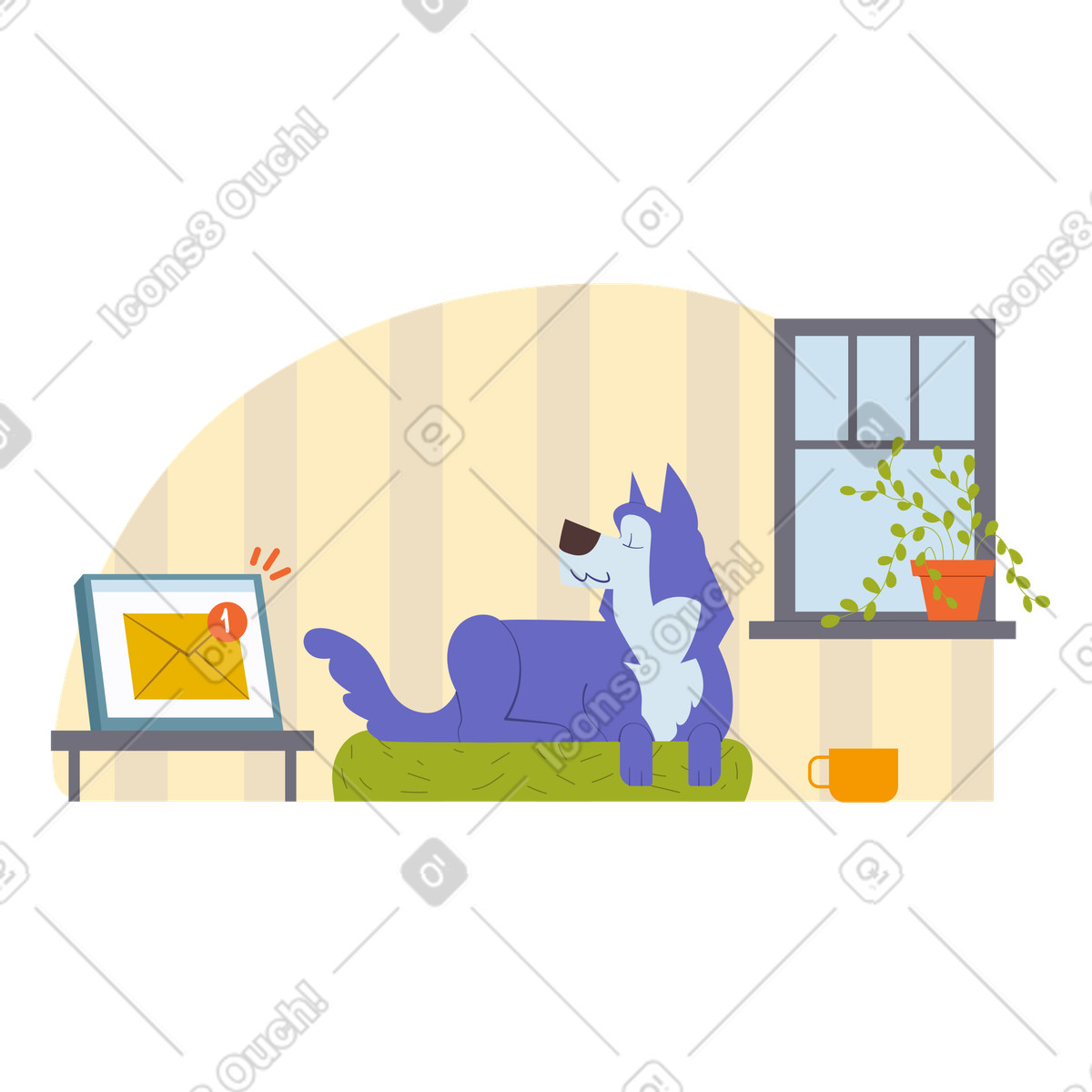 Ilustração de Dog relaxing by computer with new email alert, Cozy home office em no estilo Woof para baixar em PNG, SVG