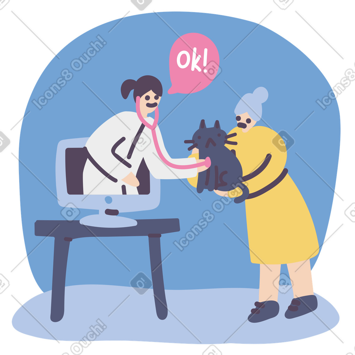 Woman vet providing online consultation illustration elderly clipart image featuring a cat