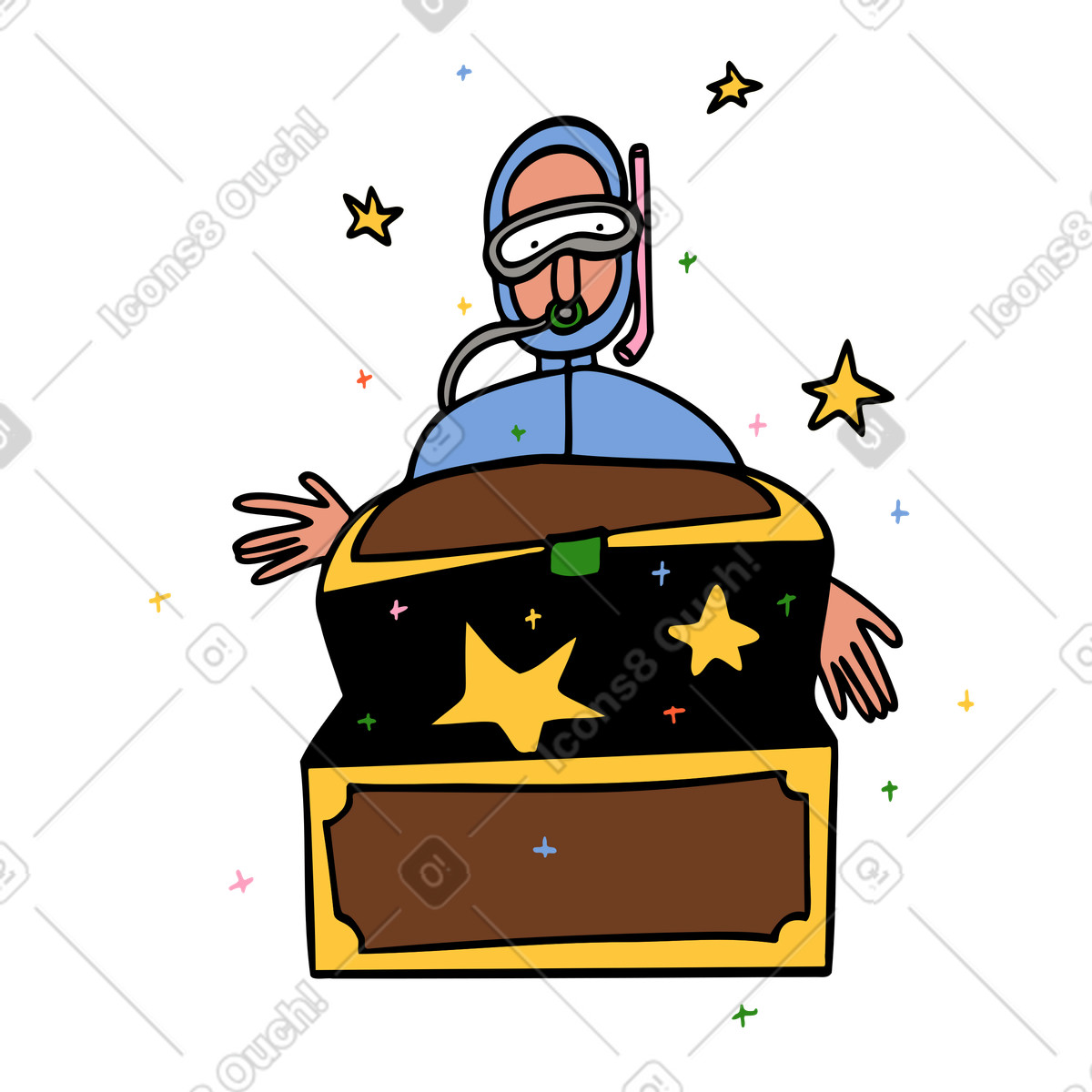 Scuba diver opening treasure chest of opportunities illustration in Comic style download in PNG, SVG