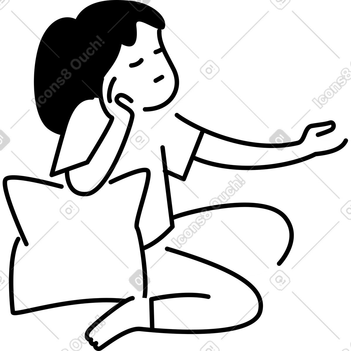 Woman sitting cross legged relaxing with pillow and outstretched hand-Illustration im Notion Line Art-Stil als Download in PNG, SVG