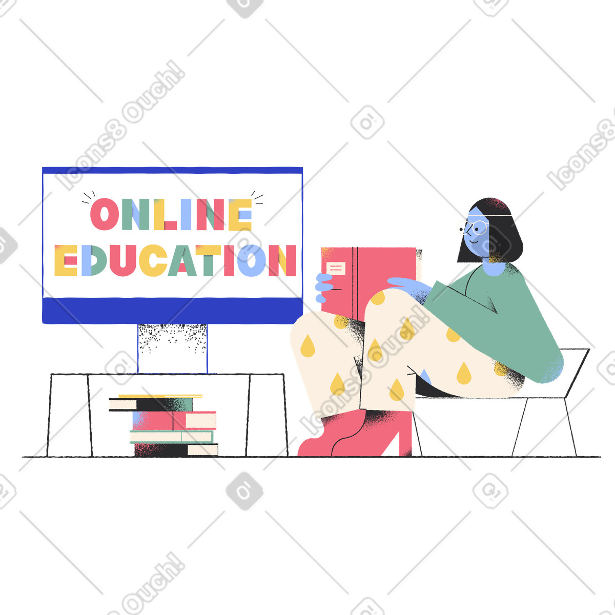 Lettering Online Education with a screen and girl reading illustration in Pablo style download in PNG, SVG